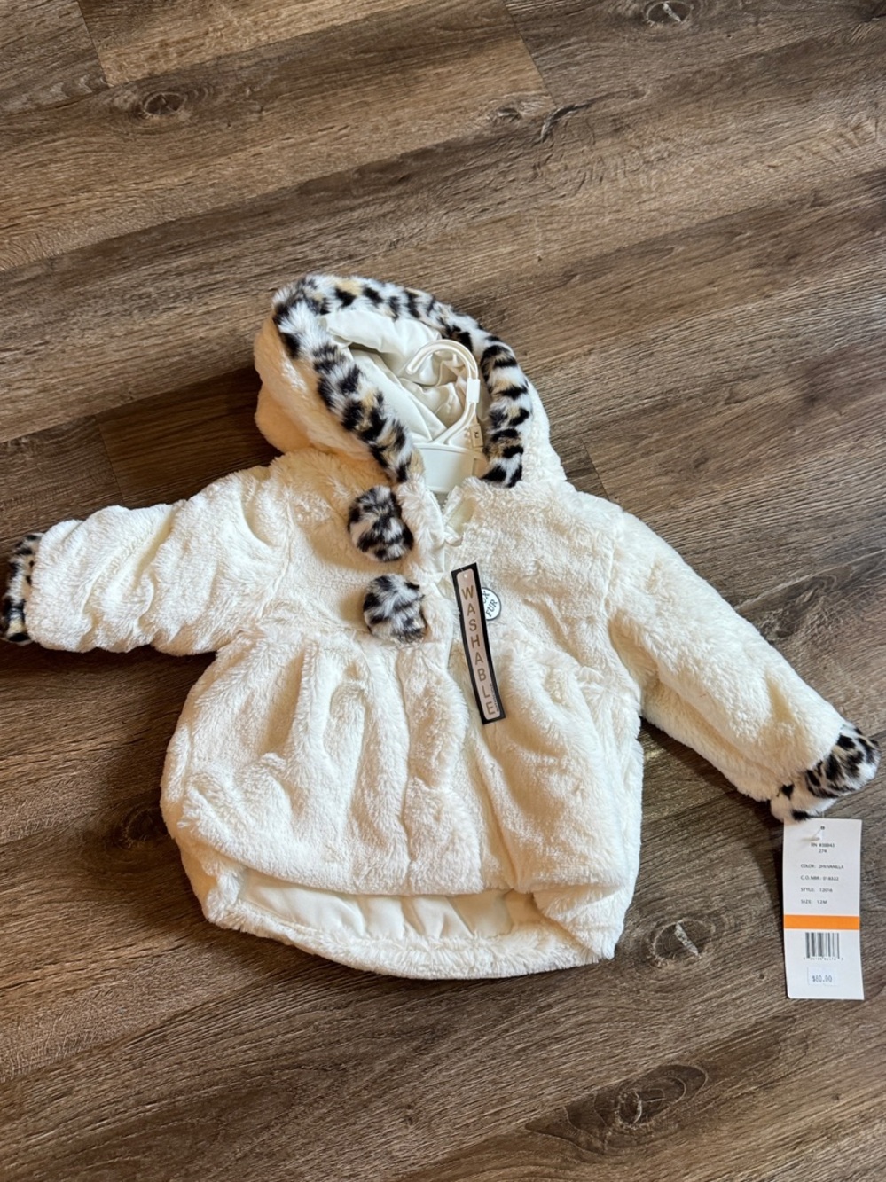 Rothschild Cream Faux Fur Hooded Baby Jacket with Leopard Trim
